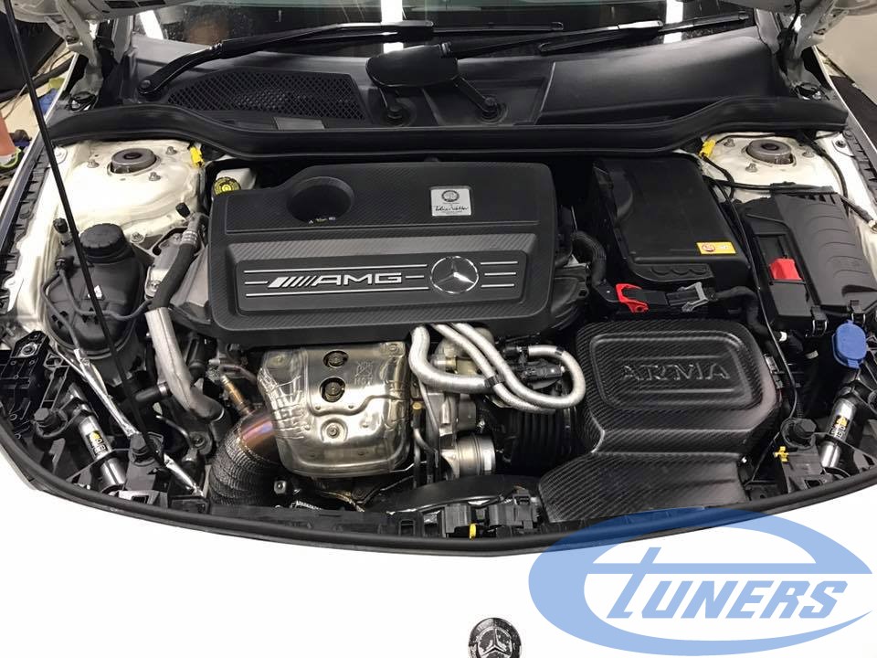 CLA45 AMG Hybrid turbo on dyno with an Etuners custom ECU remap